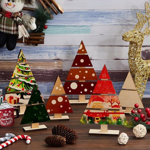 Soaoo 8 Pcs Christmas Standing Wood Pallet Christmas Tree Unfinished DIY Wooden Ornaments Kit Rustic Wooden Crafts 12 Colors Pigment Palettes and Paint Brushes(8.66 x 6 Inch, 6 x 4 Inch) in Kuwait