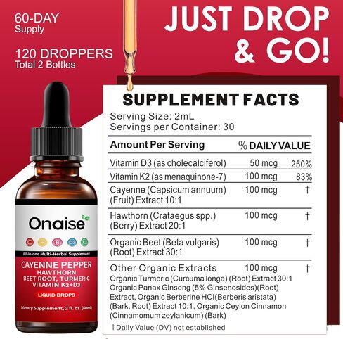 Cayenne Pepper Drops,2 Pack Cayenne Supplement with Hawthorn Berry, Vitamin D3 K2 Beet Root Powder, Ceylon Cinnamon, Turmeric Curcumin, Organic Panax Ginseng, Berberine Extract in Saudi Arabia