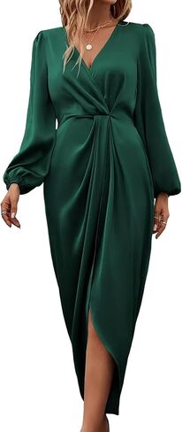 Sexyshine Women's Wrap V Neck Long Sleeve Satin Midi Dress Split Hem Ruched Pleated Formal Evening Party Dresses in Kuwait