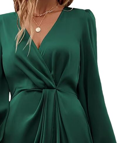 Sexyshine Women's Wrap V Neck Long Sleeve Satin Midi Dress Split Hem Ruched Pleated Formal Evening Party Dresses in Kuwait