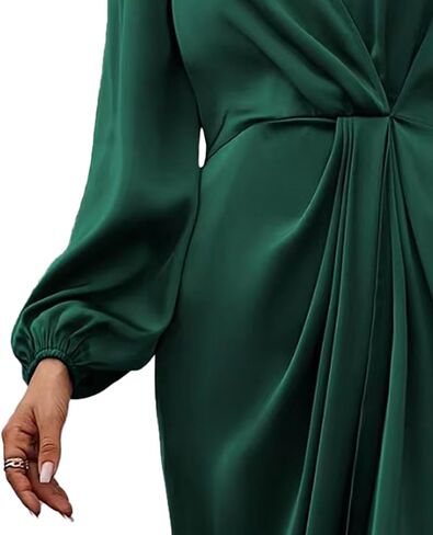 Sexyshine Women's Wrap V Neck Long Sleeve Satin Midi Dress Split Hem Ruched Pleated Formal Evening Party Dresses in Kuwait