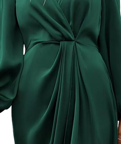 Sexyshine Women's Wrap V Neck Long Sleeve Satin Midi Dress Split Hem Ruched Pleated Formal Evening Party Dresses in Kuwait