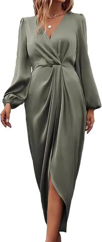 Sexyshine Women's Wrap V Neck Long Sleeve Satin Midi Dress Split Hem Ruched Pleated Formal Evening Party Dresses in Kuwait