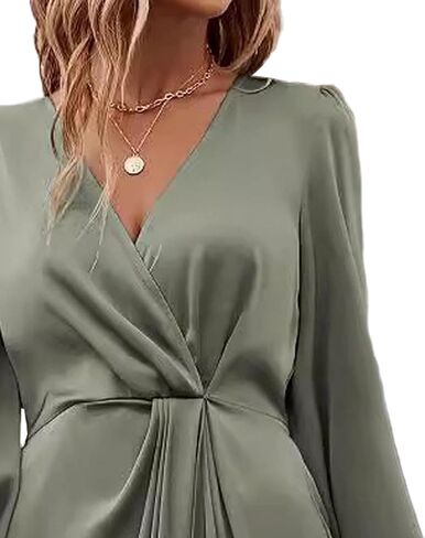 Sexyshine Women's Wrap V Neck Long Sleeve Satin Midi Dress Split Hem Ruched Pleated Formal Evening Party Dresses in Kuwait
