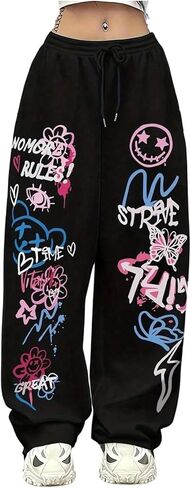 بنطلون نسائي من Verdusa مطبوع عليه حروف هيب هوب برباط وخصر مستقيم وساق فضفاضة in Kuwait