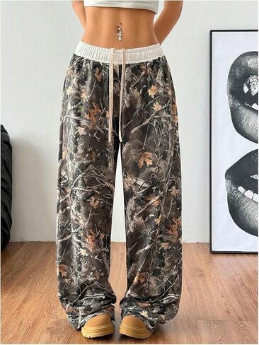 BONVEN المرأة واسعة الساق كامو فضفاض Sweatpants Y2k السراويل البضائع غير رسمية فضفاضة مرونة الخصر الرباط السراويل مع جيوب in Kuwait