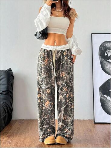 BONVEN المرأة واسعة الساق كامو فضفاض Sweatpants Y2k السراويل البضائع غير رسمية فضفاضة مرونة الخصر الرباط السراويل مع جيوب in Kuwait