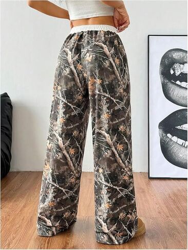 BONVEN المرأة واسعة الساق كامو فضفاض Sweatpants Y2k السراويل البضائع غير رسمية فضفاضة مرونة الخصر الرباط السراويل مع جيوب in Kuwait