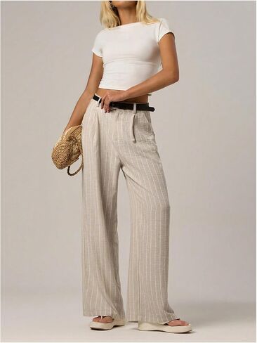 سروال نسائي من GORGLITTER مزود بسحاب مخطط وبنطلون ساق مستقيمة مع جيوب in Kuwait