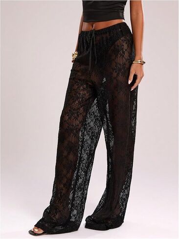 سروال نسائي من GORGLITTER مصنوع من الدانتيل شبكي شفاف مزين بالزهور بأرجل واسعة يمكن رؤيته من خلال الجزء السفلي من الجرس in Kuwait