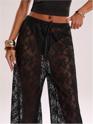 سروال نسائي من GORGLITTER مصنوع من الدانتيل شبكي شفاف مزين بالزهور بأرجل واسعة يمكن رؤيته من خلال الجزء السفلي من الجرس in Kuwait