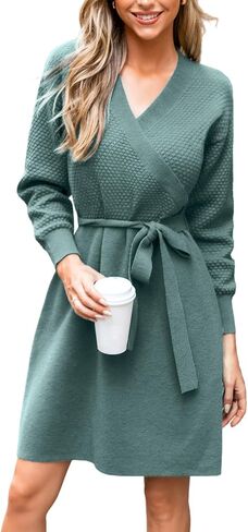 CUPSHE Womens Casual Fall Dress 2024 V Neck Long Sleeve Ribbed Knit Belted Fitted A Line Pullover Midi Sweater Dress in Saudi Arabia
