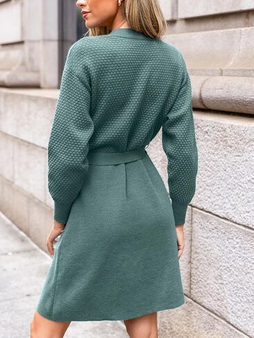 CUPSHE Womens Casual Fall Dress 2024 V Neck Long Sleeve Ribbed Knit Belted Fitted A Line Pullover Midi Sweater Dress in Saudi Arabia