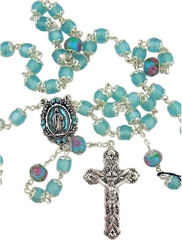 Our Lady Rosary With Glass Faux Blue Our Father Prayer Beads NEE-7518 Inspirational Jewelry Christian Jewelry For Women And Men Faith Baptism Jewelry in Saudi Arabia