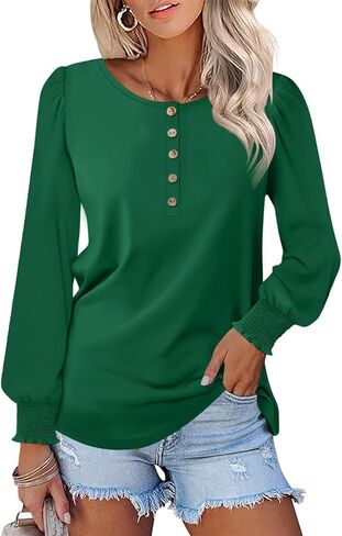 Minetom Women's Long Sleeve Henley Tops Smocked Puff Sleeve Tops Casual Shirts Blouses in Kuwait