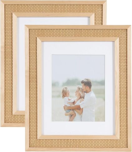 Kate and Laurel Corah Modern Faux Rattan Picture Frame Set of 2, 11 x 14 matted to 8 x 10, Natural, Boho Two-Piece Glass Photo Frame Set for Gallery Wall Design in Living Room Wall Decor in Saudi Arabia
