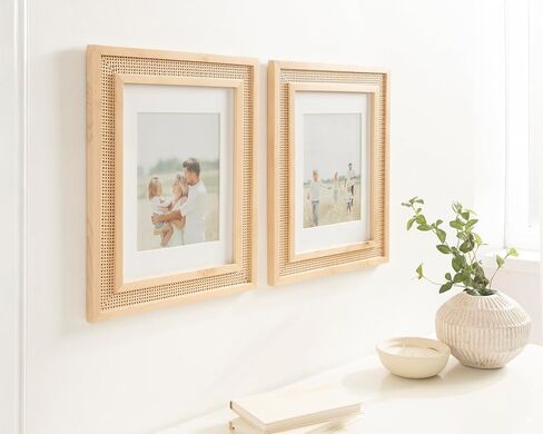 Kate and Laurel Corah Modern Faux Rattan Picture Frame Set of 2, 11 x 14 matted to 8 x 10, Natural, Boho Two-Piece Glass Photo Frame Set for Gallery Wall Design in Living Room Wall Decor in Saudi Arabia