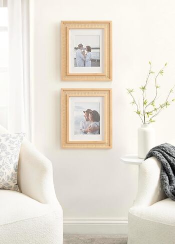 Kate and Laurel Corah Modern Faux Rattan Picture Frame Set of 2, 11 x 14 matted to 8 x 10, Natural, Boho Two-Piece Glass Photo Frame Set for Gallery Wall Design in Living Room Wall Decor in Saudi Arabia