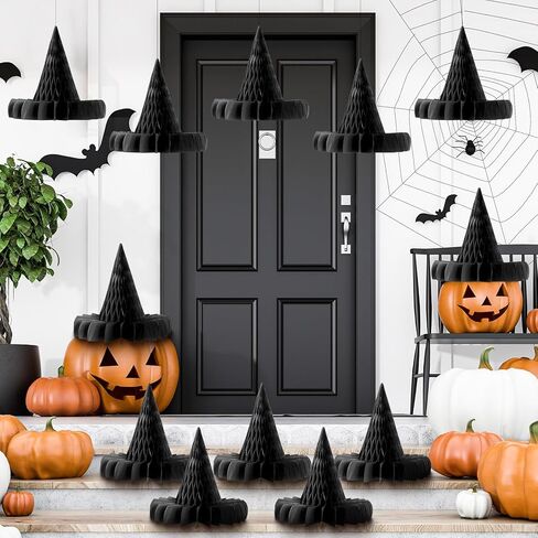 12 Pcs Halloween Hanging Decor Honeycomb Decorations Halloween Hanging Paper Ornament Reusable Scary Party Decor Paper Lanterns for Indoor Outdoor(Witch Hat) in Saudi Arabia