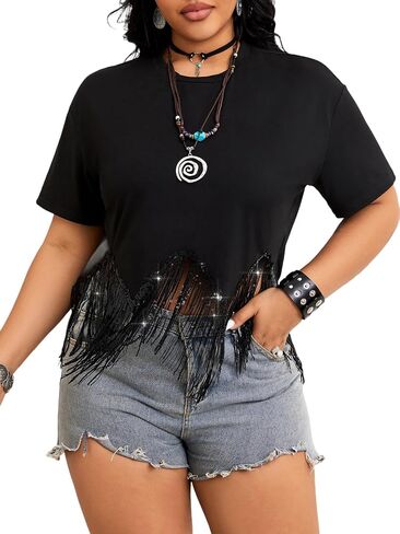 تي شيرت نسائي من SHENHE بمقاس كبير مزين بالترتر وأكمام قصيرة من Western Rave in Kuwait