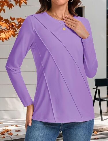 YUCOLEN Long Sleeve Shirts for Women Crewneck Pleated Loose T Shirt Casual Dress Shirt in Kuwait