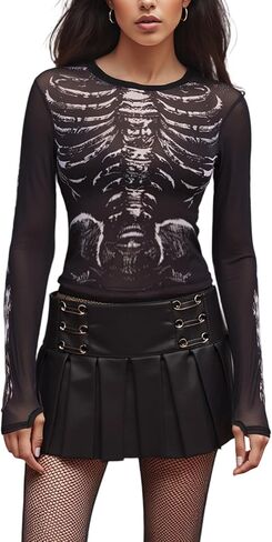 Women's Halloween Skeleton Mesh Tops Gothic Skull Print See Through Long Sleeve T Shirt for Theme Party Clubwear in Saudi Arabia