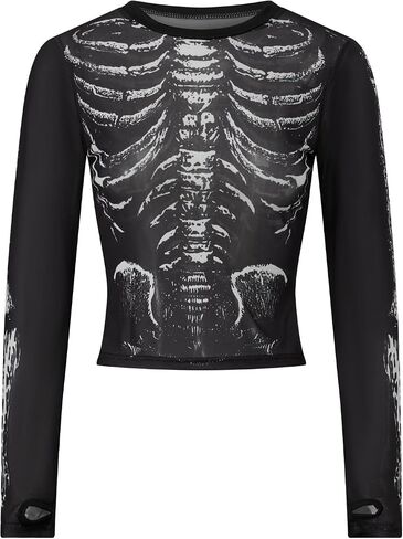 Women's Halloween Skeleton Mesh Tops Gothic Skull Print See Through Long Sleeve T Shirt for Theme Party Clubwear in Saudi Arabia