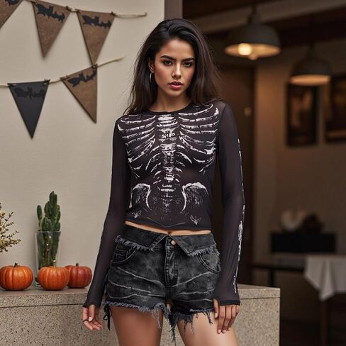 Women's Halloween Skeleton Mesh Tops Gothic Skull Print See Through Long Sleeve T Shirt for Theme Party Clubwear in Saudi Arabia