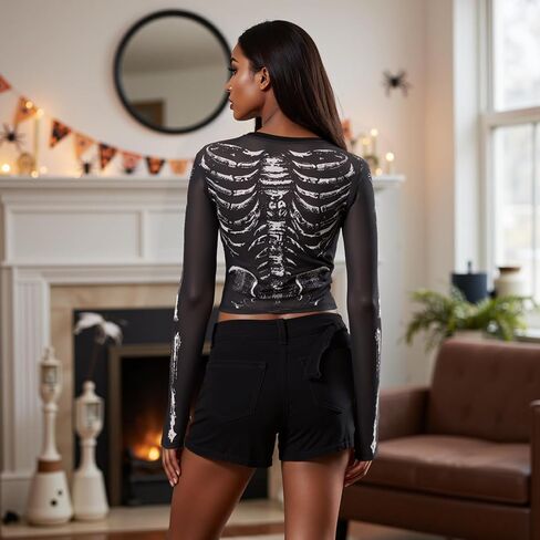Women's Halloween Skeleton Mesh Tops Gothic Skull Print See Through Long Sleeve T Shirt for Theme Party Clubwear in Saudi Arabia