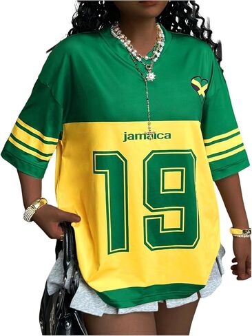 SOLY HUX Women's Y2k Jamaica Jersey Shirt Number Graphic Tees V Neck Half Sleeve Oversized Summer Tops Streetwear in Saudi Arabia