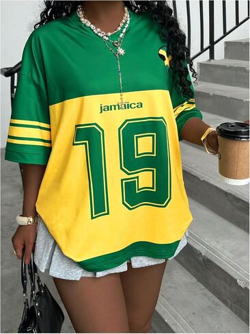 SOLY HUX Women's Y2k Jamaica Jersey Shirt Number Graphic Tees V Neck Half Sleeve Oversized Summer Tops Streetwear in Saudi Arabia