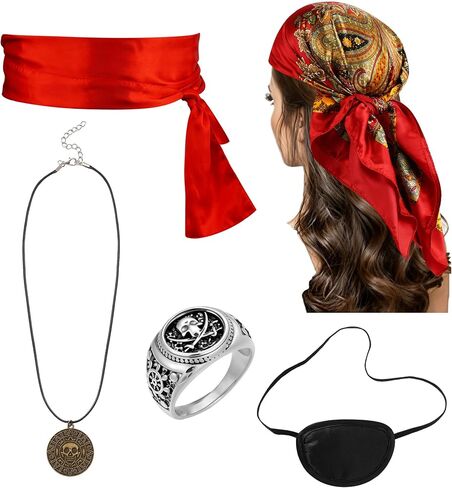 Mujahid 5PCS Pirate Costume Set, Women Pirate Accessories Head Scarf, Sash, Necklace, Eye Patch and Ring, Halloween Outfit Accessories for Adult Cosplay Party pirate accessories in Saudi Arabia