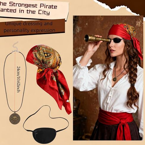Mujahid 5PCS Pirate Costume Set, Women Pirate Accessories Head Scarf, Sash, Necklace, Eye Patch and Ring, Halloween Outfit Accessories for Adult Cosplay Party pirate accessories in Saudi Arabia