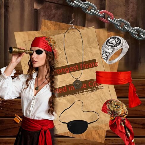 Mujahid 5PCS Pirate Costume Set, Women Pirate Accessories Head Scarf, Sash, Necklace, Eye Patch and Ring, Halloween Outfit Accessories for Adult Cosplay Party pirate accessories in Saudi Arabia