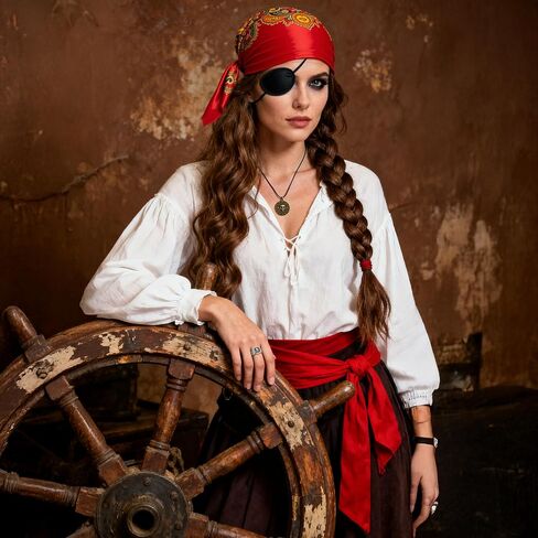 Mujahid 5PCS Pirate Costume Set, Women Pirate Accessories Head Scarf, Sash, Necklace, Eye Patch and Ring, Halloween Outfit Accessories for Adult Cosplay Party pirate accessories in Saudi Arabia