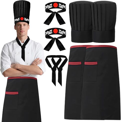 2 Set Hibachi Chef Costume,Hibachi Chef Tall Hat,Apron Japanese Headband and Tie for Hibachi Party Decorations,Halloween Cosplay Party Decorations in Saudi Arabia