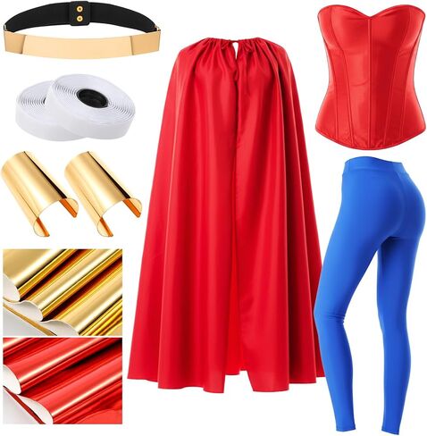 9 Pcs Women Halloween Costume Accessory Kit Red Velvet Cape Corset Blue Yoga Pants Gold Belt Wrist Cuffs in Saudi Arabia