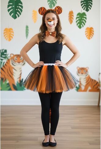 WILLBOND 5 Pcs Halloween Tiger Costume Set Animal Costume Set Tiger Ear Headband Nose Bow Tie Tail and Tutu Skirt for Kid Halloween Cosplay Party Accessories in Saudi Arabia