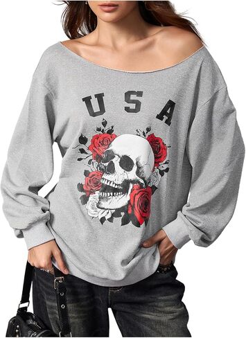 SHENHE Women's Off The Shoulder Sweatshirt Skull Rose Print Graphic Loose Gothic Sweatshirt in Saudi Arabia