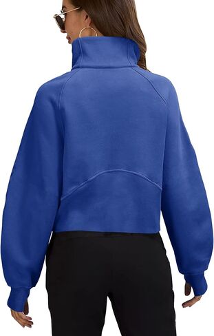 بلوزات نسائية نصف سحاب بلوفر قصير رقبة على شكل قمع صوف مبطن بسحاب وأكمام طويلة فتحة إبهام أزرق in Kuwait