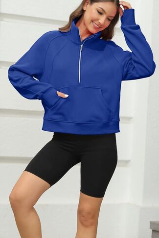 بلوزات نسائية نصف سحاب بلوفر قصير رقبة على شكل قمع صوف مبطن بسحاب وأكمام طويلة فتحة إبهام أزرق in Kuwait