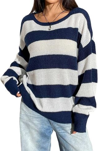 Women Casual Oversized Drop Shoulder Long Sleeve Striped Sweater Loose Off Shoulder Color Block Knit Pullovers in Saudi Arabia