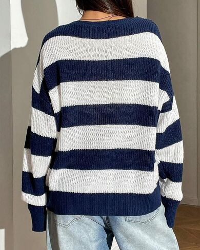 Women Casual Oversized Drop Shoulder Long Sleeve Striped Sweater Loose Off Shoulder Color Block Knit Pullovers in Saudi Arabia