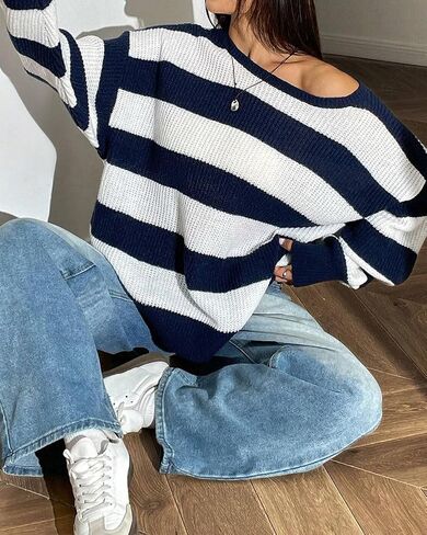 Women Casual Oversized Drop Shoulder Long Sleeve Striped Sweater Loose Off Shoulder Color Block Knit Pullovers in Saudi Arabia