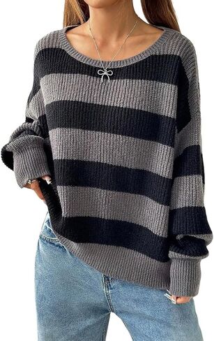 Women Casual Oversized Drop Shoulder Long Sleeve Striped Sweater Loose Off Shoulder Color Block Knit Pullovers in Saudi Arabia