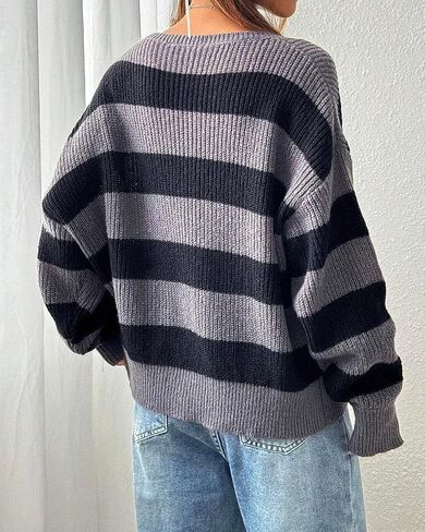 Women Casual Oversized Drop Shoulder Long Sleeve Striped Sweater Loose Off Shoulder Color Block Knit Pullovers in Saudi Arabia
