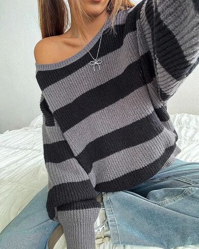 Women Casual Oversized Drop Shoulder Long Sleeve Striped Sweater Loose Off Shoulder Color Block Knit Pullovers in Saudi Arabia