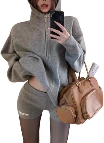 Y2K Vintage Gray Hooded Sweater Autumn and Winter Loose and Lazy Style Knitted Cardigan Zipper Jacket in Saudi Arabia
