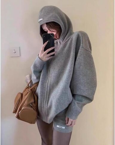 Y2K Vintage Gray Hooded Sweater Autumn and Winter Loose and Lazy Style Knitted Cardigan Zipper Jacket in Saudi Arabia
