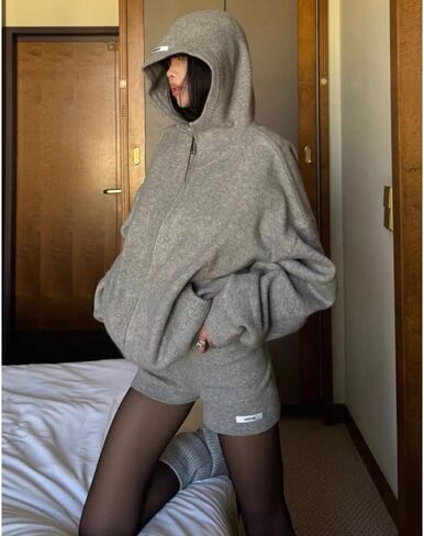 Y2K Vintage Gray Hooded Sweater Autumn and Winter Loose and Lazy Style Knitted Cardigan Zipper Jacket in Saudi Arabia